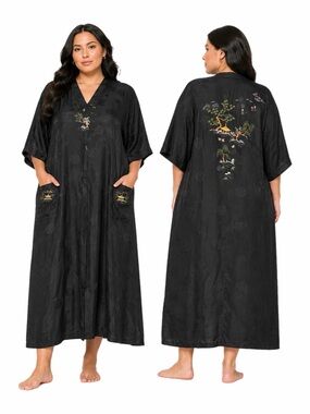 90s Euro Chinese Vintage Kimono Robe Embroidered Rice Field Scene (Black) L